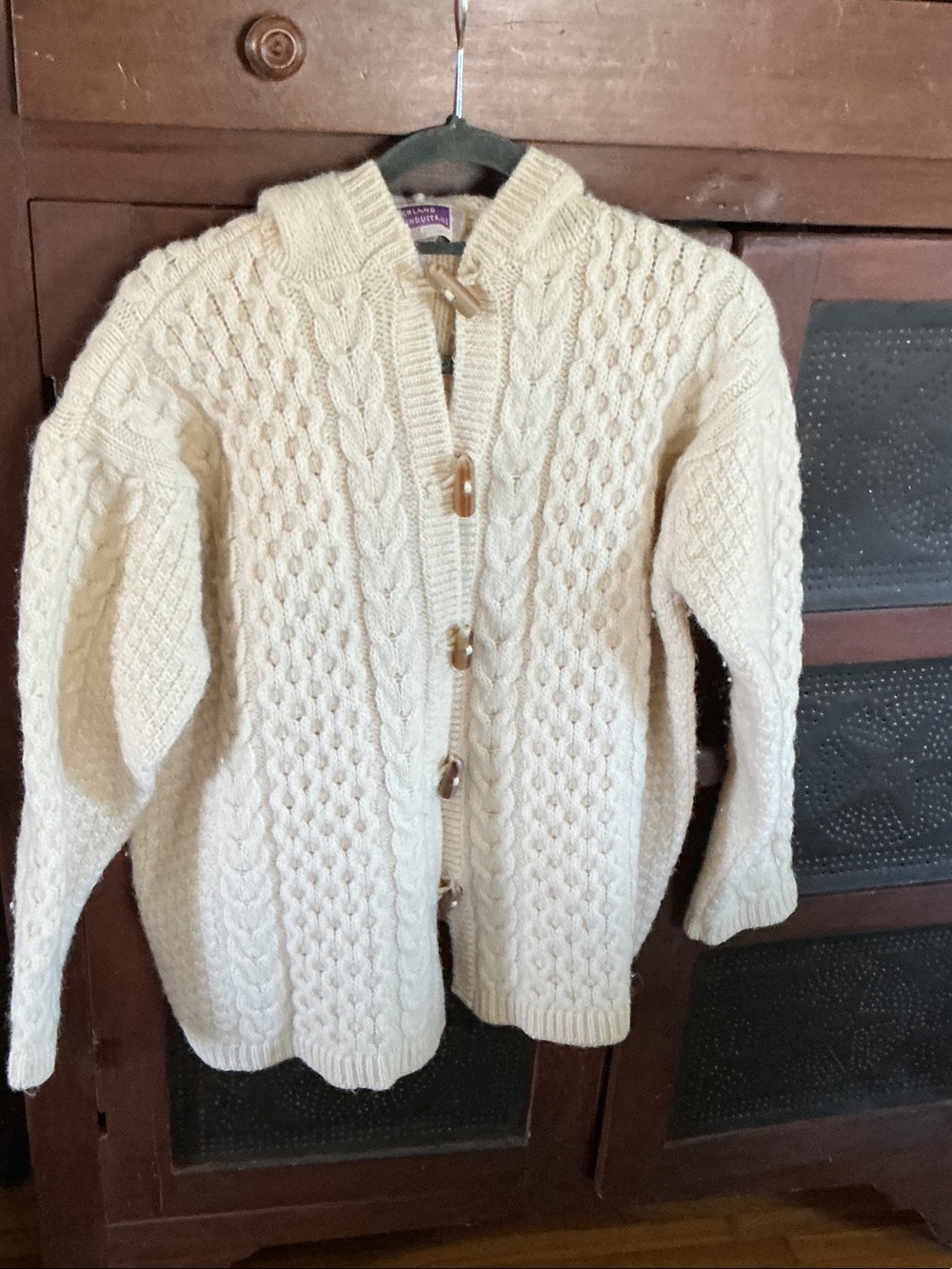 Highland Home Industries Pure New Wool Cream Cable Toggle Cardigan with a Hood
